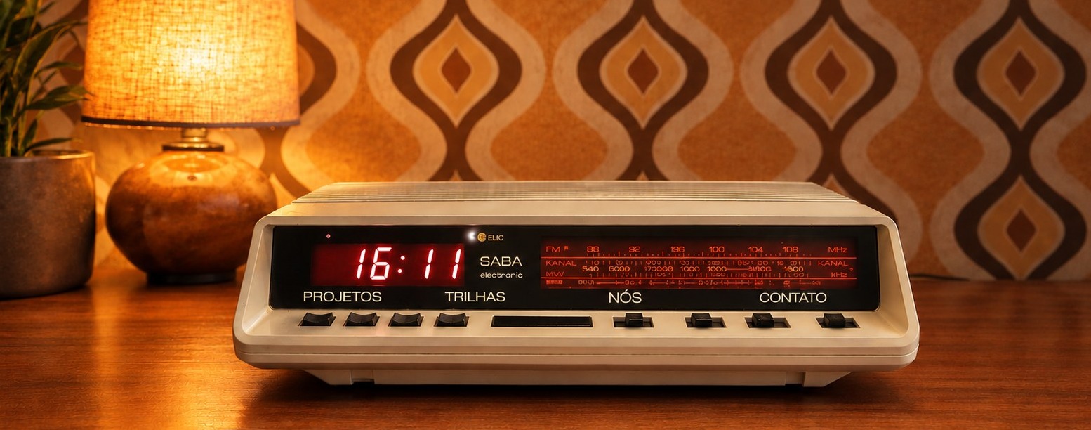 Radio-relogio vintage mostrando 16:11, com os controles PROJETOS, TRILHAS, NOS e CONTATO no painel